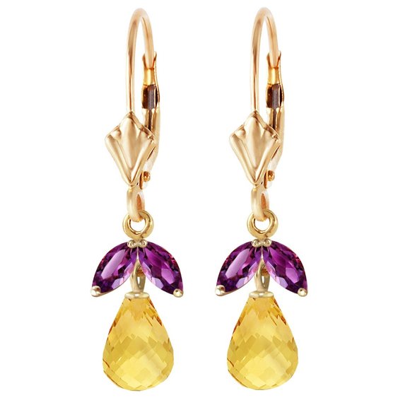 14K. GOLD LEVERBACK EARRING W CITRINES & AMETHYST - Picture 1 of 4